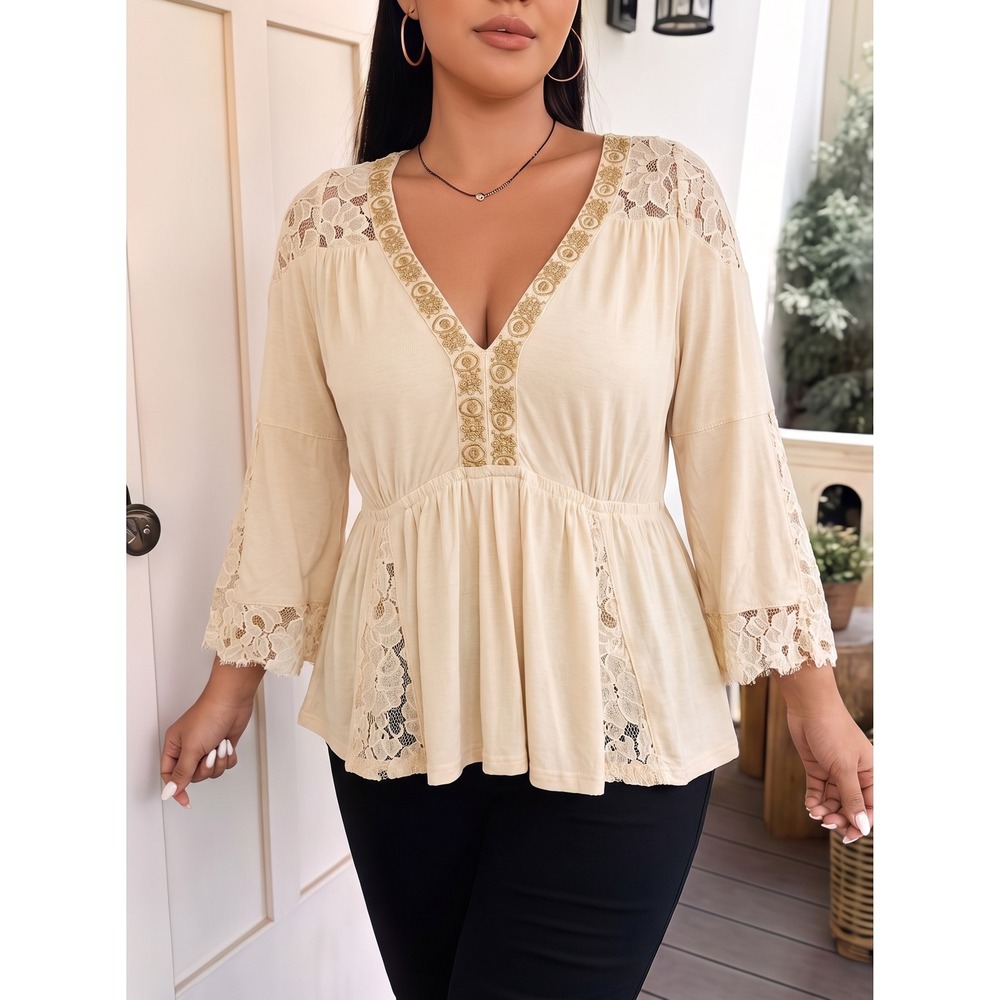 POL Clothing Lace Embroidered Blouse Womens S Cream Boho Tassel Open Back RCT380